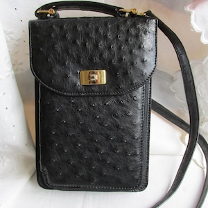 Black Ostrich Leather Crossbody Purse: Travel Bag with Handle