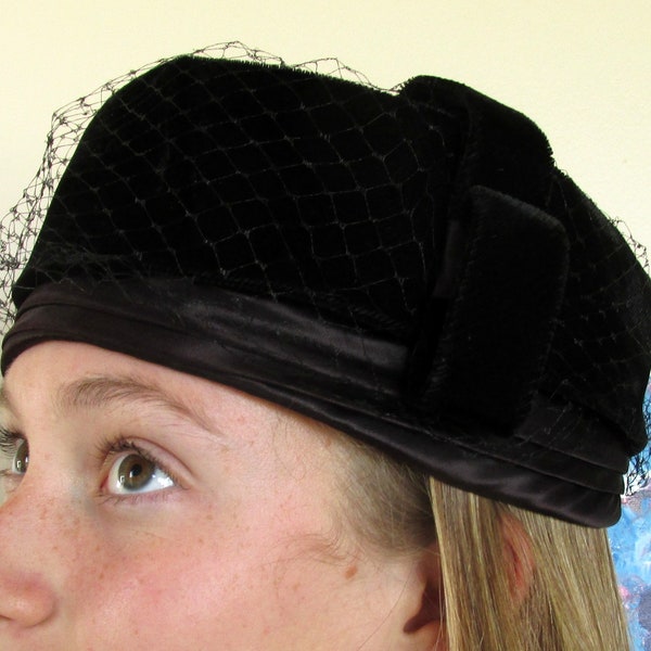 Hat - Black Velour Pillbox - Vintage