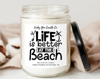 Life is Better at the Beach Candle - Gift 8oz With Lid Soy Wax Candle Home Decor Vacation Vaca Home Ocean Seashell Calm Best Seller Trending