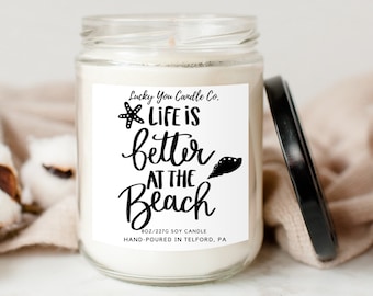 Life is Better at the Beach Candle - Gift 8oz With Lid Soy Wax Candle Home Decor Vacation Vaca Home Ocean Seashell Calm Best Seller Trending