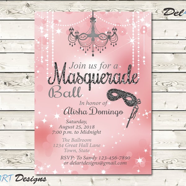 Pink Sweet 16, Quinceañera, and/or Masquerade Invitation, Quincenera Birthday Party Ball Dance Invite, Digital Printable File, Ecard, Silver