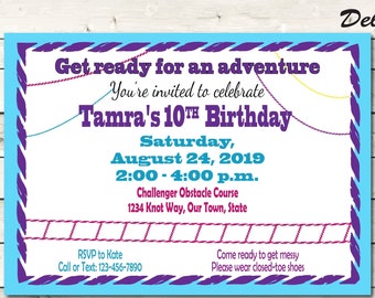 Obstacle Course Birthday Party Invitation, Invite or Save the date, Made-to-order Digital Custom File, 5 x 7, 4 x 6 inch, JPG or PDF Files