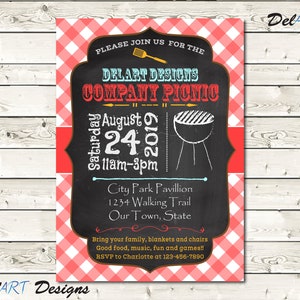 Convites para piquenique da Chalkboard Company, convite para churrasco, arte em giz, fundo vermelho guingão, arquivo digital imprimível, JPG, volta às aulas