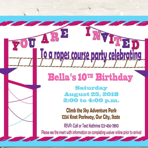 Ropes Course Birthday Party Invitation, Invite or Save the date, Made-to-order Digital Custom File, 5 x 7, 4 x 6 inch, JPG or PDF Files