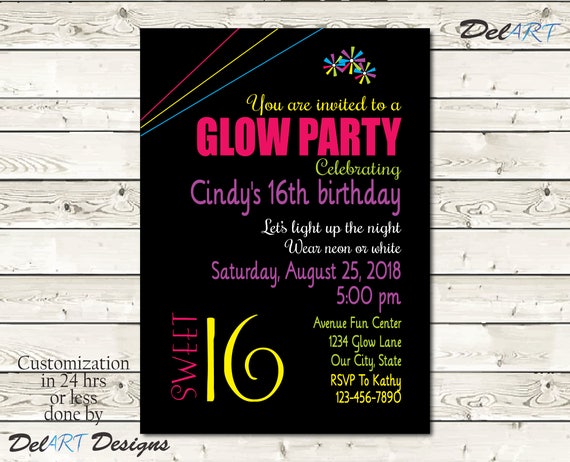 Sweet 16 Glow In The Dark Birthday Party Invitation Card 16 Etsy