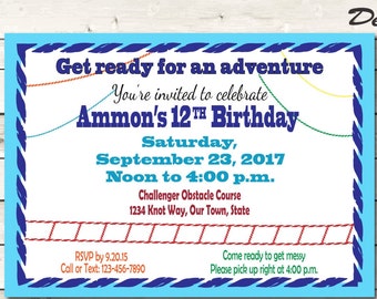 Obstacle Course Birthday Invitation, Invite or Save the date, Digital Custom File, 5 x 7, 4 x 6 inch, JPG or PDF Files, Boy or Girl Party