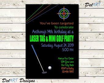 Laser Tag and Mini Golf Party, Glow in the Dark Party Birthday Invitation, Digital File, JPG / PDF, Printable / E-card, Miniature Golfing