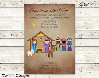 Adore Him, Nativity, Christmas Dinner Invitation or poster, Digital Printable File or Ecard after customization, Church Party, Ward