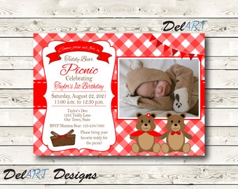 Teddy Bear Picnic Invitation, Photo Invite, Printable Digital File after customization,  4 x 6, 5 x 7 inch JPG or PDF, Red Gingham