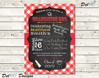 Graduation BBQ invitation, Party Chalkboard Invitations, Grad celebration, School Picnic, Chalk Art, Red Gingham Background, Printable Digit