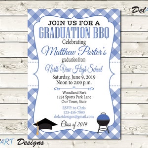 Invitations à une soirée barbecue de remise des diplômes, Célébration de l'obtention du diplôme, Pique-nique scolaire, Rouge, bleu roi, Vert ou n'importe quelle couleur, Fond vichy, JPG ou PDF