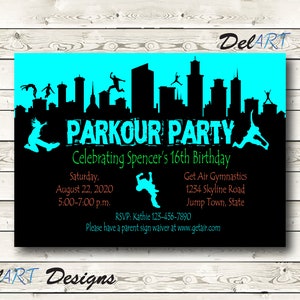 Festa de aniversário de Parkour, cartão de convite de salto, arquivo digital após personalização, JPG ou PDF, para impressão ou cartão eletrônico