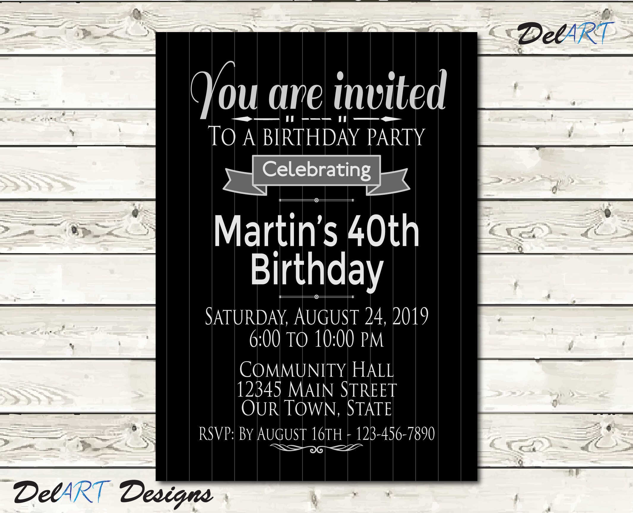 Pinstripe Birthday Or Surprise Party Save The Date Card Or Invitation Black Silver Printable Digital Pinstripe Birthday Or Surprise Party Save The Date Card Or Invitation Black Silver Printable Digital