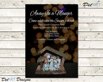 Away in a manger, Nativity Christmas Dinner Invitation or poster, Digital Printable File or Ecard/ evite, Church Party, Ward Dinner