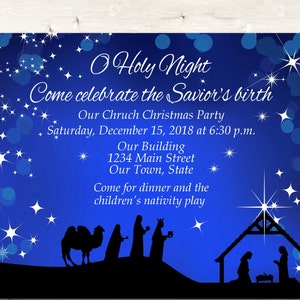 May include: A blue Christmas party invitation with white text that reads "O Holy Night, Come celebrate the Savior's birth." Includes a nativity scene silhouette and star accents.