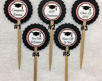 ANY YEAR Set Of 12 Personalized Red & Black Graduation Cupcake Toppers (Your Choice Of Any 12)