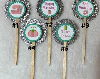 Set Of 12 Sewing  Birthday Cupcake Toppers (Your Choice Of Any 12)