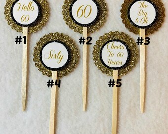 Set Of 12 Personalized 60th Birthday Party Cupcake Toppers (Your Choice Of 12)