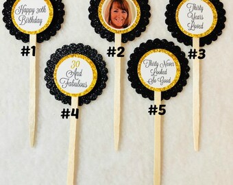 Set Of 12 Personalized 30th Birthday Party Photo Cupcake Toppers (Your Choice Of 12)