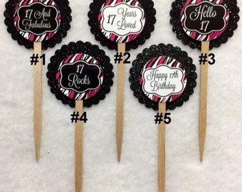Set Of 12 Personalized 17th Birthday Party Cupcake Toppers (Your Choice Of Any 12)