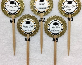 ANY YEAR Set Of 12 Personalized Gold & Black Graduation 2017 Cupcake Toppers (Your Choice Of Any 12)