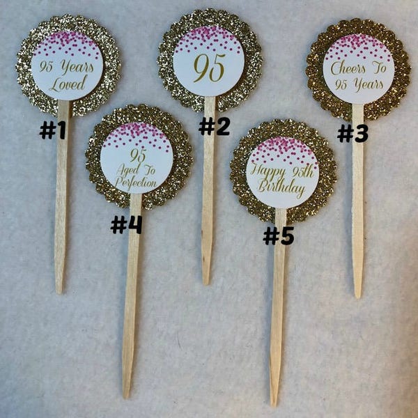Gold Happy 95th Birthday Cupcake Topper, 24-Pack Number 95 Glitter Birthday Party Cupcake Toppers Decorations