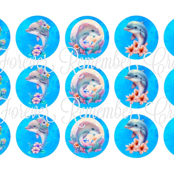 INSTANT DOWNLOAD Dolphins 1 Inch Bottle Cap Image Sheets *Digital Image* 4x6 Sheet With 15 Images