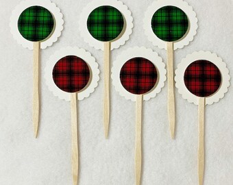 Set Of 12 Christmas Plaid Cupcake Toppers (Your Choice Of Any 12)