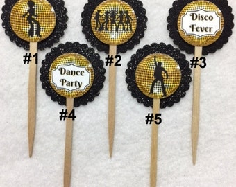 Set Of 12 Personalized Disco Gold Birthday Party Cupcake Toppers (Your Choice Of Any 12)