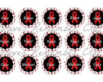 DOWNLOAD ISTANTANEO Red Ribbon Awareness Heart Aids Stroke Drugs 1 Inch Bottle Cap Image Sheets *Immagine digitale* Foglio 4x6 con 15 immagini