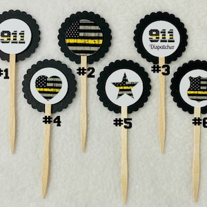 Set Of 12 Personalized Thin Yellow Line Dispatcher  Cupcake Toppers (Your Choice Of Any 12)