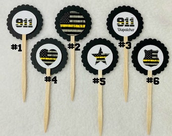 Set Of 12 Personalized Thin Yellow Line Dispatcher  Cupcake Toppers (Your Choice Of Any 12)