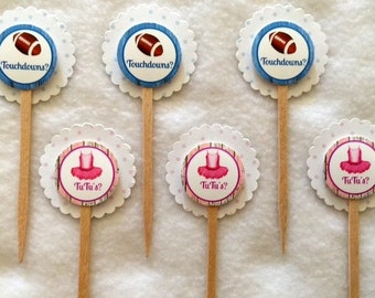 Set Of 12 Baby Shower Gender Reveal Touchdowns or Tutus Cupcake Toppers (Your Choice of 12)