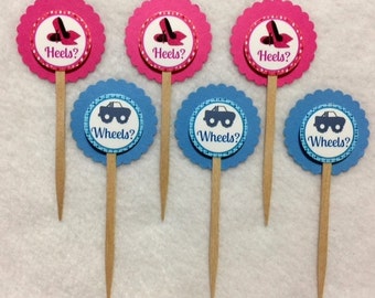 Personalized Set Of 12 Gender Reveal Heels or Wheels Cupcake Toppers (Your Choice Of Any 12)