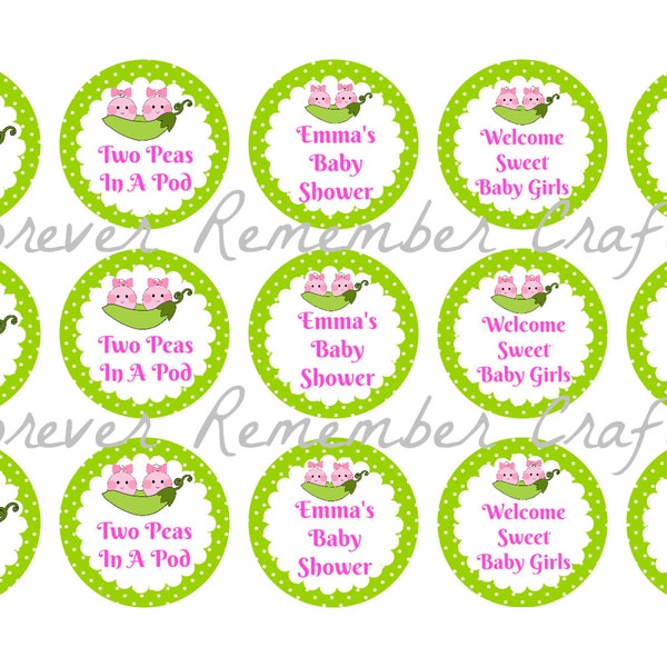 Personalized Two Peas In A Pod Twin Baby Girls Shower 1 Inch Bottle Cap/Cupcake Topper Image Sheets *Digital Image* 4x6 Sheet With 15 Images