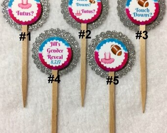 Personalized Set Of 12 Gender Reveal Touchdowns or Tutus Cupcake Toppers (Your Choice Of Any 12)