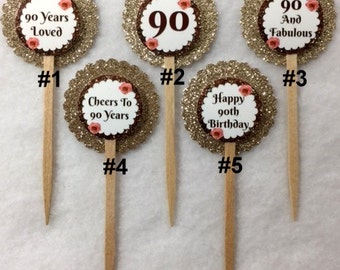 Set Of 12 Personalized 90th Birthday Party Cupcake Toppers (You Choice Of Any 12)