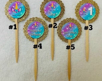 Set Of 12 Personalized Unicorn 1st Birthday Party Cupcake Toppers