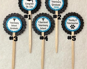 Set Of 12 Personalized Veterinary Veterinarian School Graduation Cupcake Toppers (You Choice Of Any 12)