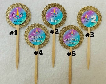 Set Of 12 Personalized Unicorn 2nd Birthday Party Cupcake Toppers