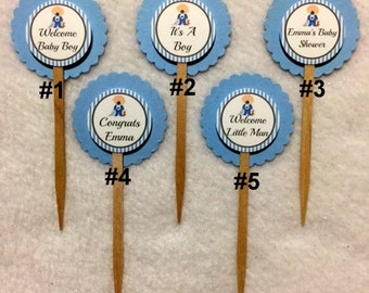 Set Of 12 Personalized Baby Boy Baby Shower Cupcake Toppers (Your Choice Of Any 12)