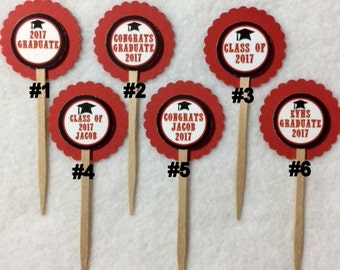 ANY YEAR Set Of 12 Personalized Red Graduation  Cupcake Toppers (Your Choice Of Any 12)