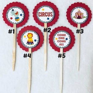 Set Of 12 Personalized Circus Birthday Party Cupcake Toppers Your Choice Of Any 12 image 1