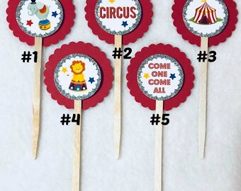 Set Of 12 Personalized Circus Birthday Party Cupcake Toppers (Your Choice Of Any 12)
