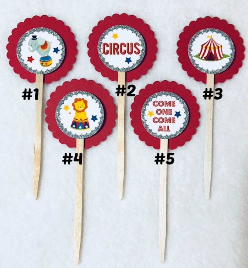 Set Of 12 Personalized Circus Birthday Party Cupcake Toppers Your Choice Of Any 12 immagine 1