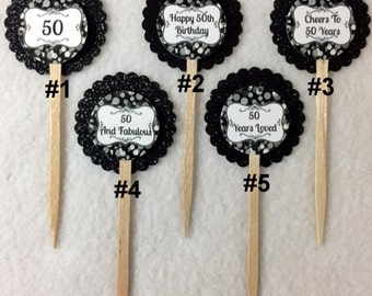 Set Of 12 Personalized 50th Birthday Party Cupcake Toppers (Your Choice of Any 12)