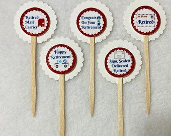 Set Of 12 Personalized Postal Mail Carrier Retirement Party Cupcake Toppers (Your Choice Of Any 12)