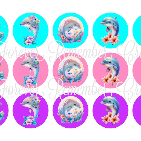 INSTANT DOWNLOAD Dolphins 1 Inch Bottle Cap Image Sheets *Digital Image* 4x6 Sheet With 15 Images