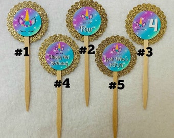 Set Of 12 Personalized Unicorn 4th Birthday Party Cupcake Toppers