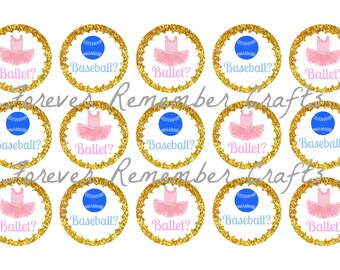 INSTANT DOWNLOAD Gender Reveal Baseball or Ballet 1 Inch Bottle Cap Image Sheets *Digital Image* 4x6 Sheet With 15 Images